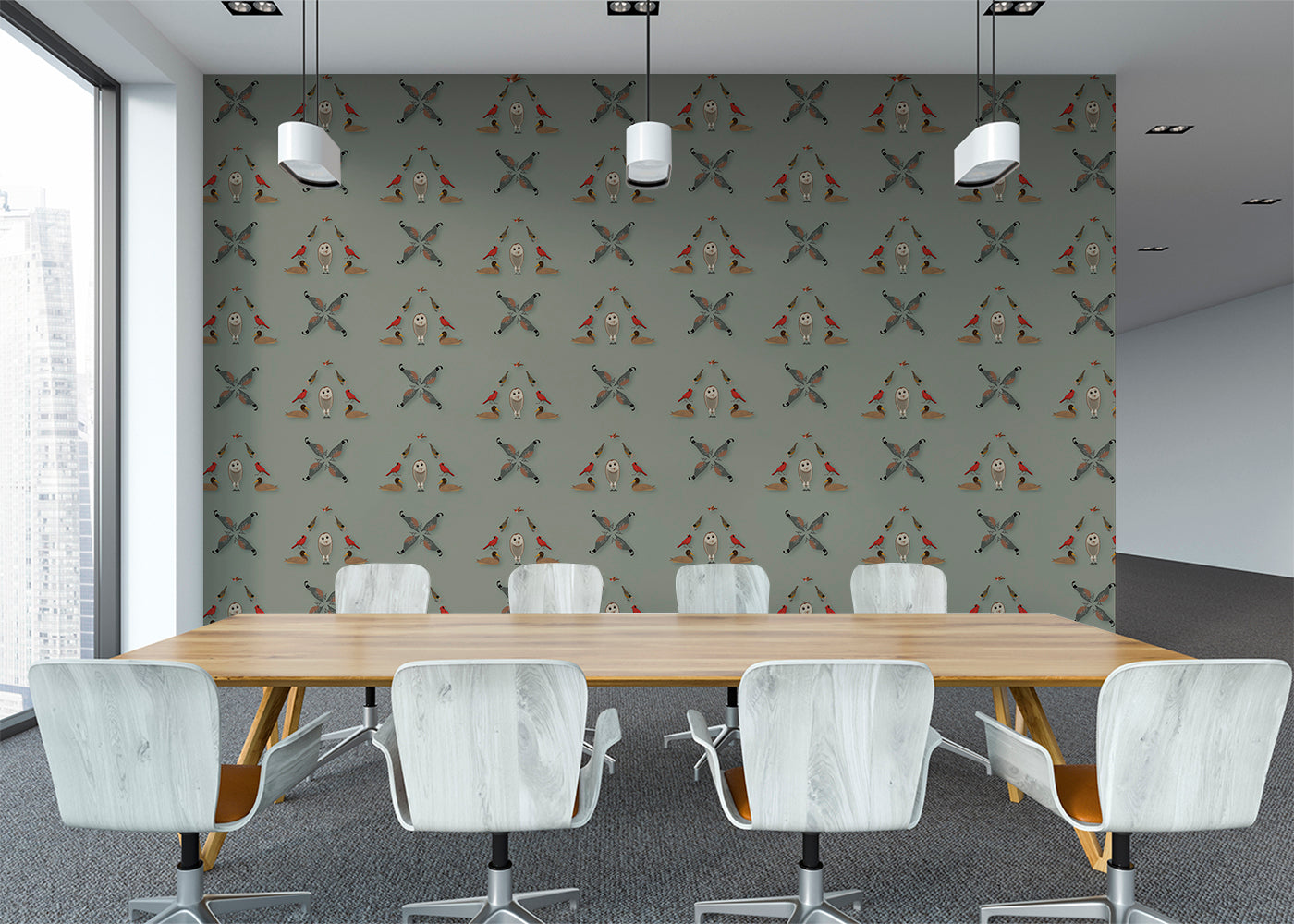 Six Birds Mural - Green Gray