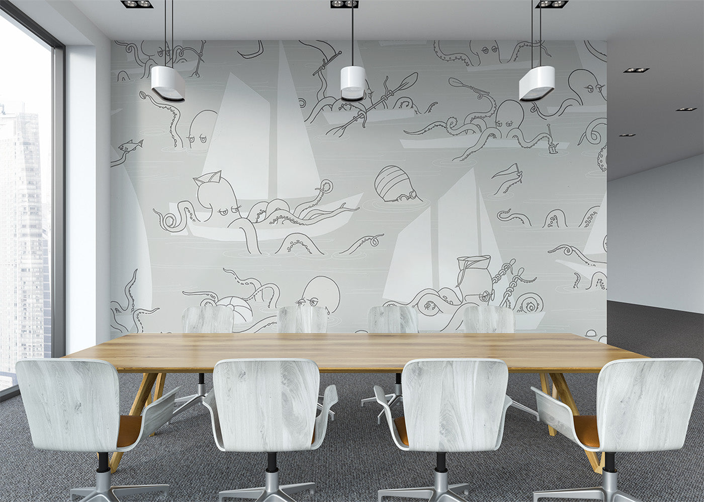 Octopus Flotilla Mural - Gray Cotton