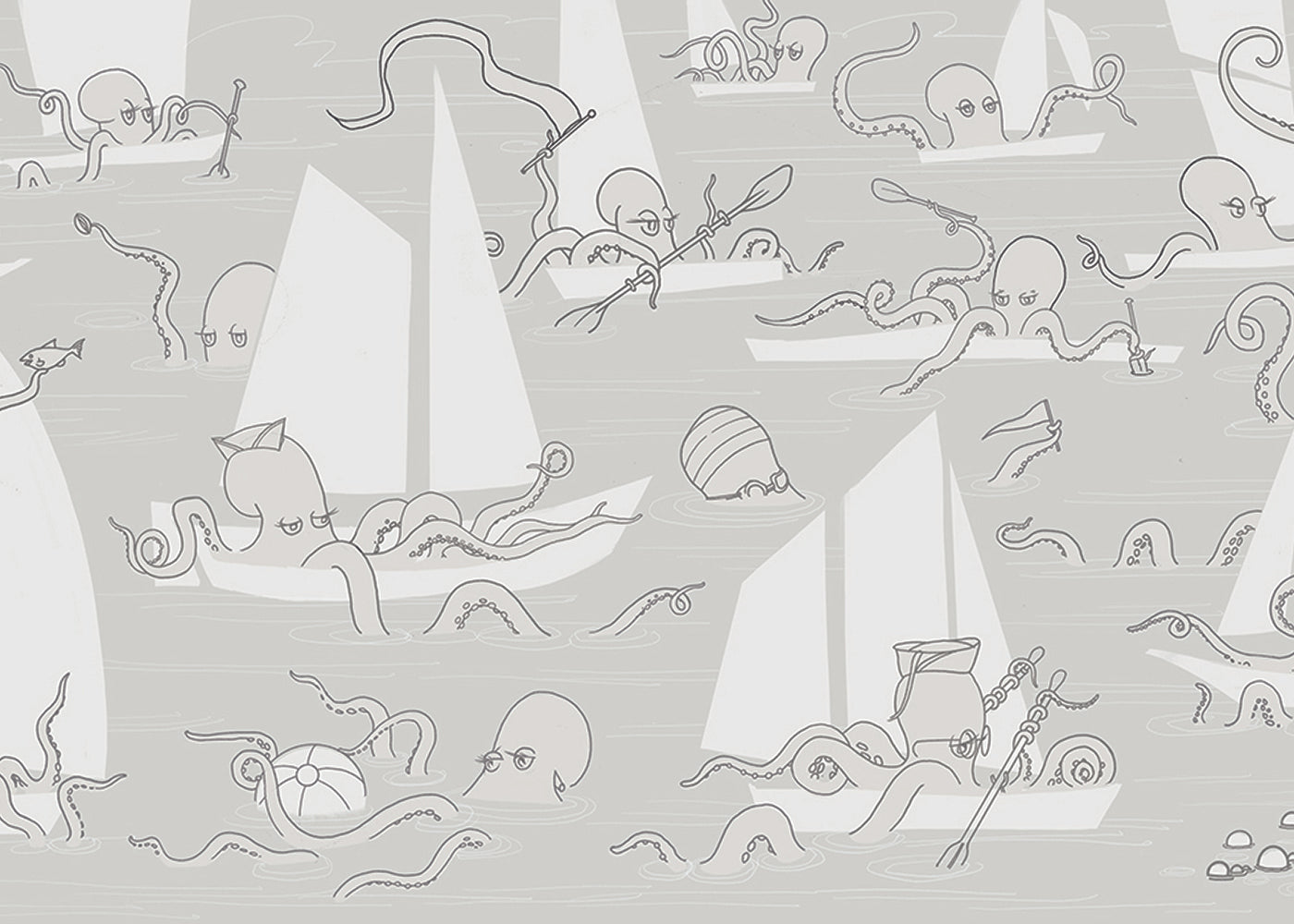 Octopus Flotilla Mural - Gray Cotton - Sample