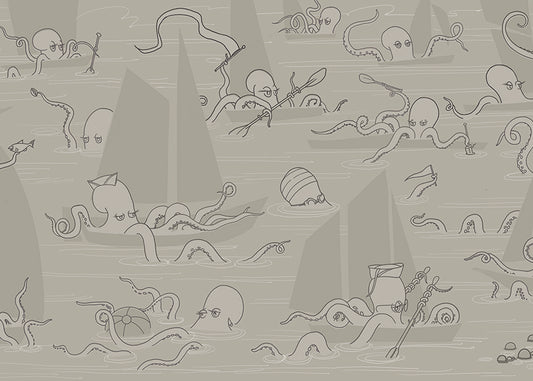 Octopus Flotilla Mural - Taupe