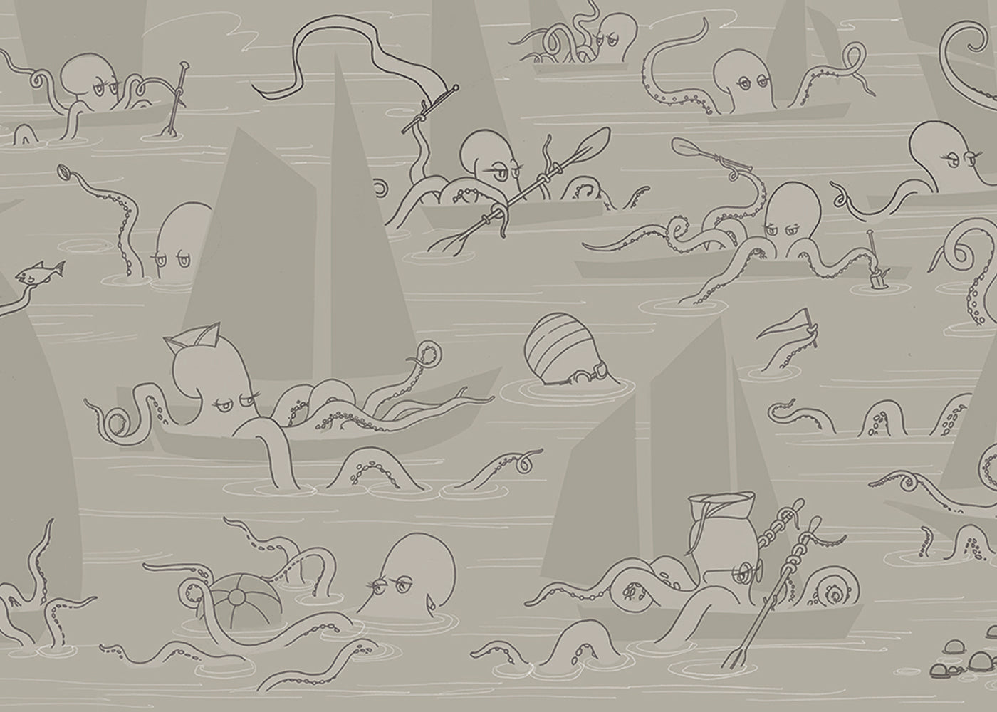 Octopus Flotilla Mural - Taupe - Sample