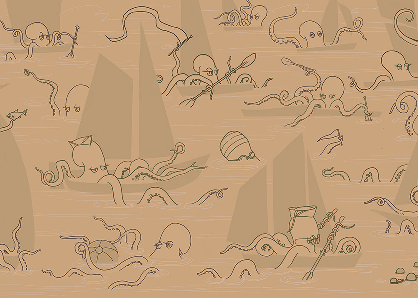 Octopus Flotilla Mural - Burnt Sienna - Sample