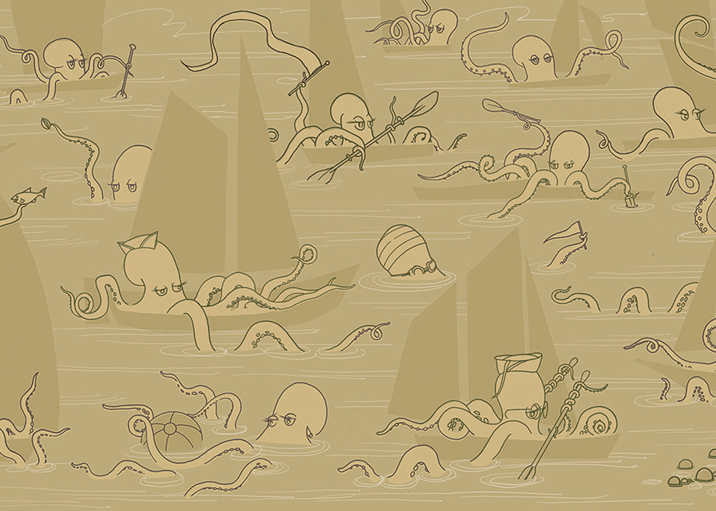 Octopus Flotilla Mural - Tarnished Gold - Sample