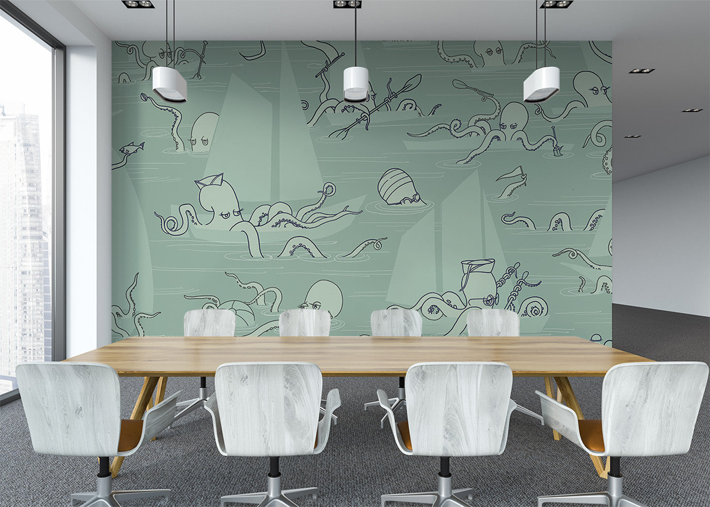 Octopus Flotilla Mural - Muted Blue-Green