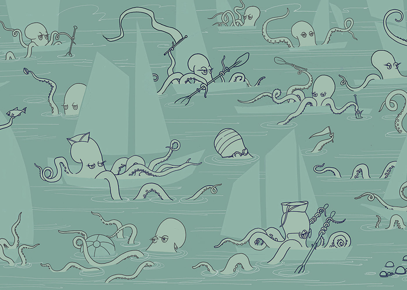 Octopus Flotilla Mural - Muted Blue-Green - Sample
