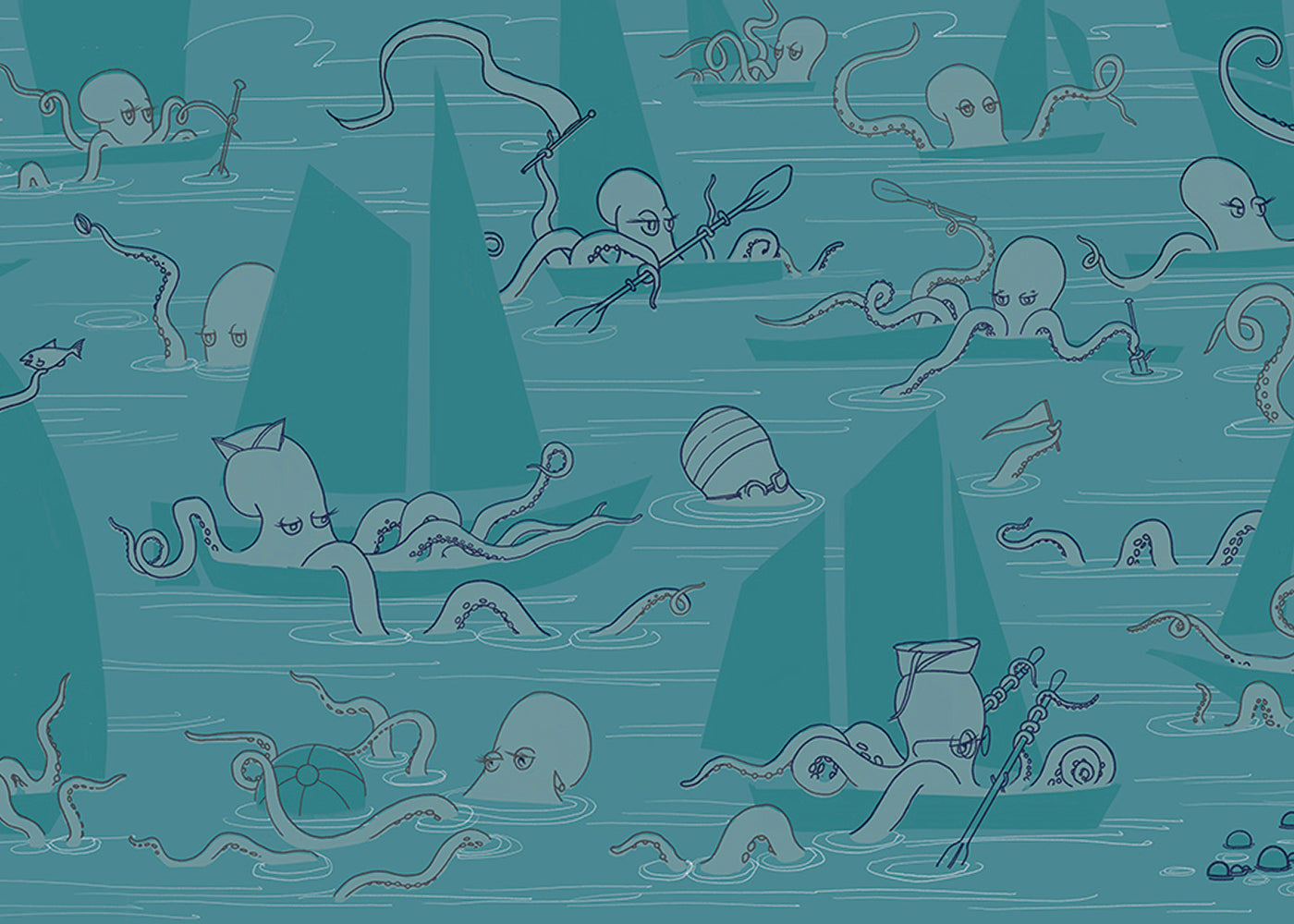 Octopus Flotilla Mural - Cerulean Blue - Sample