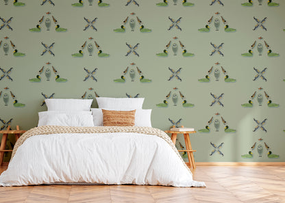 Five Birds Mural - Green Gray