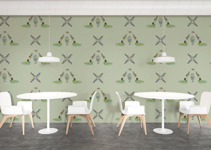 Five Birds Mural - Green Gray