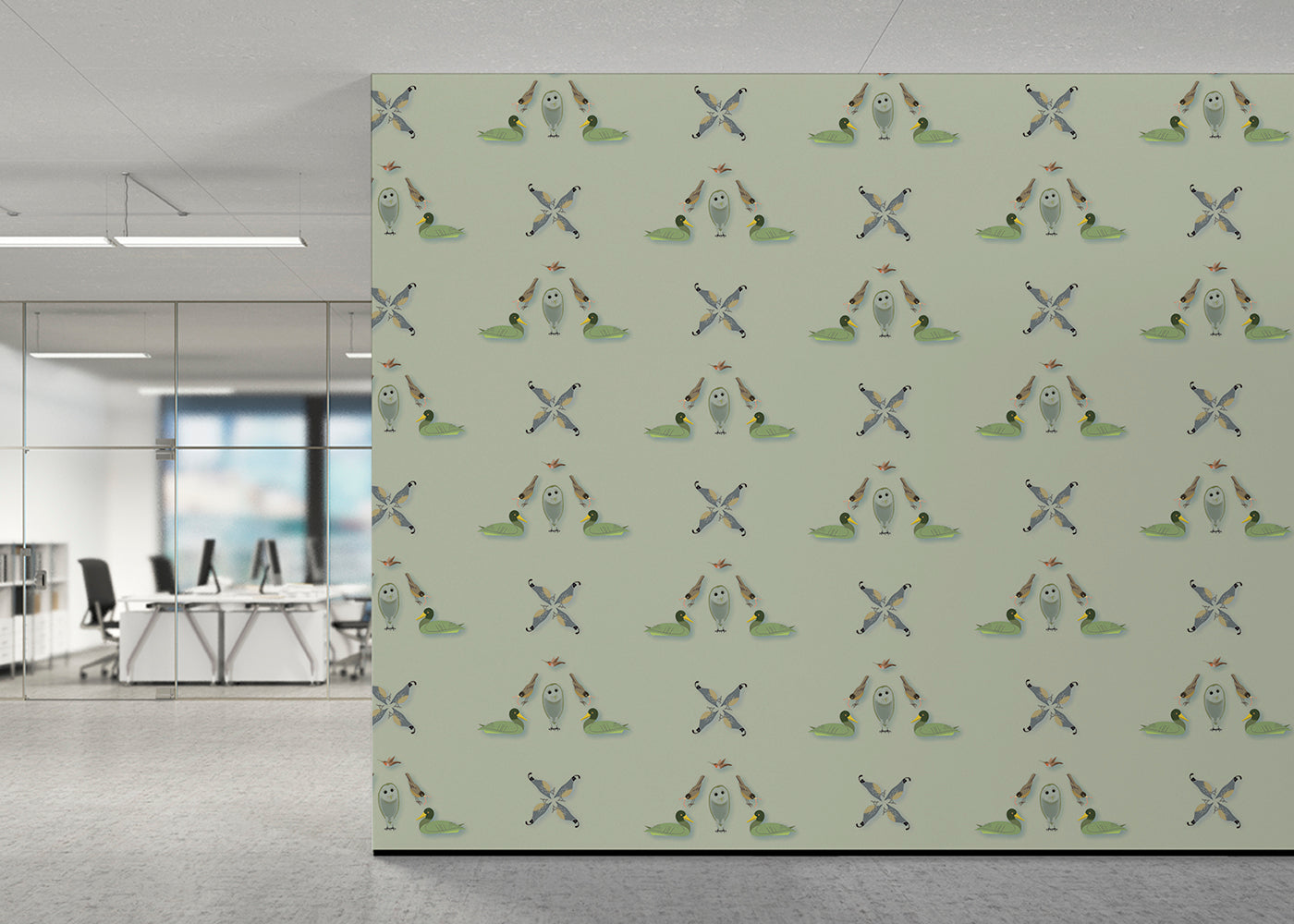 Five Birds Mural - Green Gray