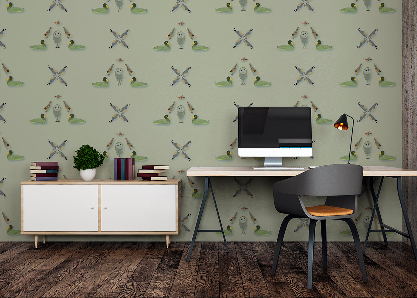 Five Birds Mural - Green Gray