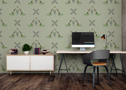 Five Birds Mural - Green Gray