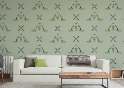 Five Birds Mural - Green Gray