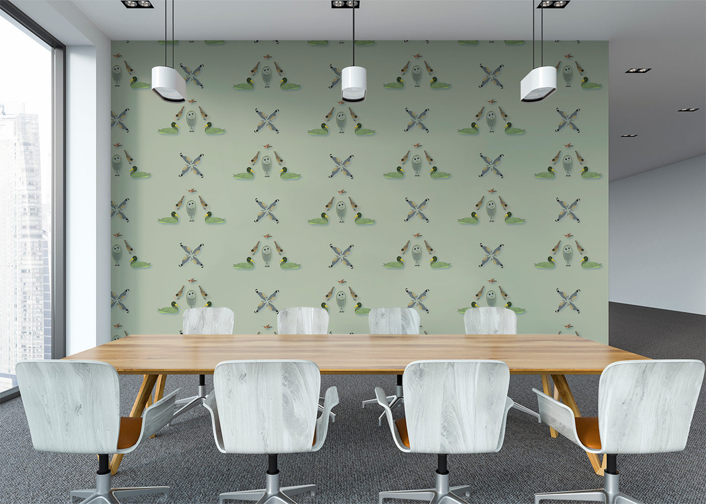 Five Birds Mural - Green Gray