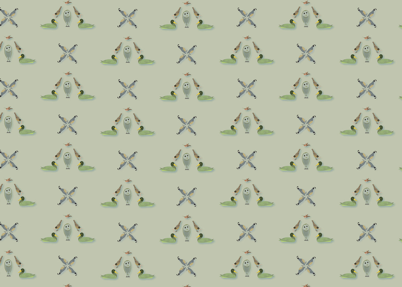 Five Birds Mural - Green Gray