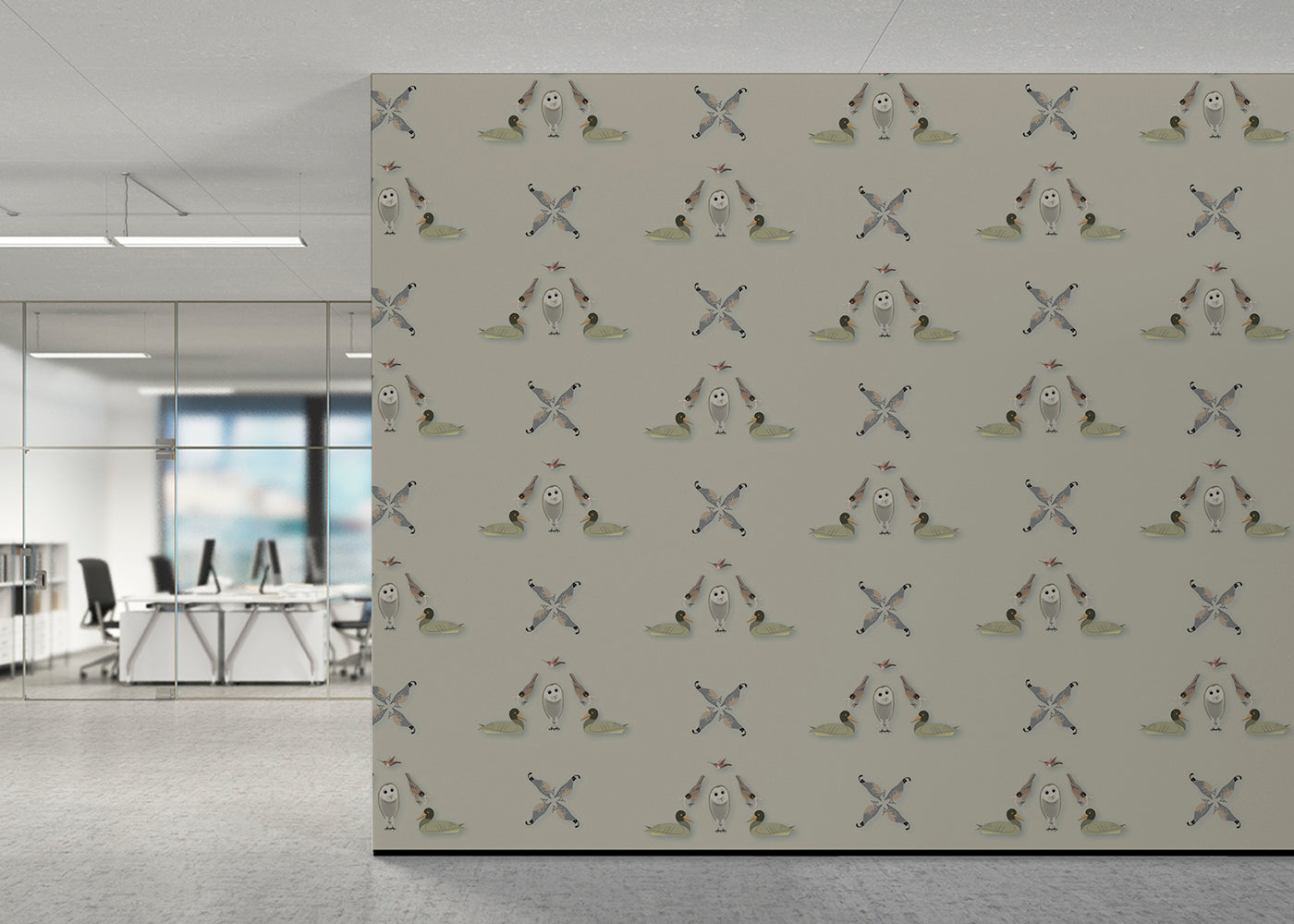 Five Birds Mural - Light Gray Brown