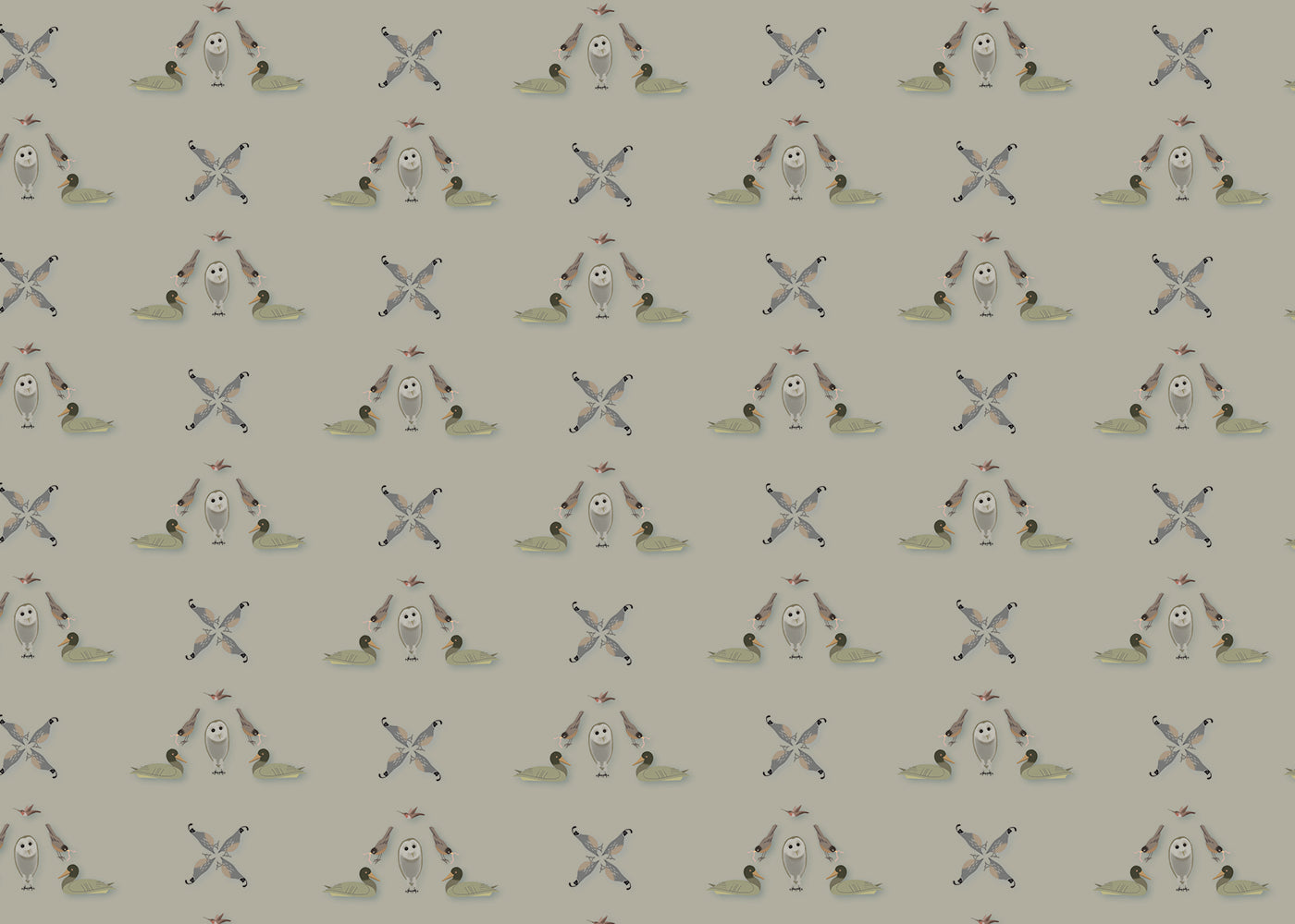 Five Birds Mural - Light Gray Brown