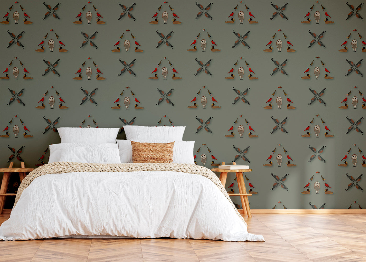 Six Birds Mural - Green Gray