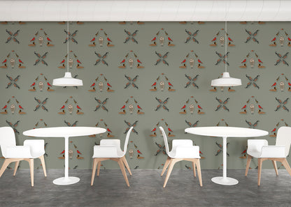 Six Birds Mural - Green Gray