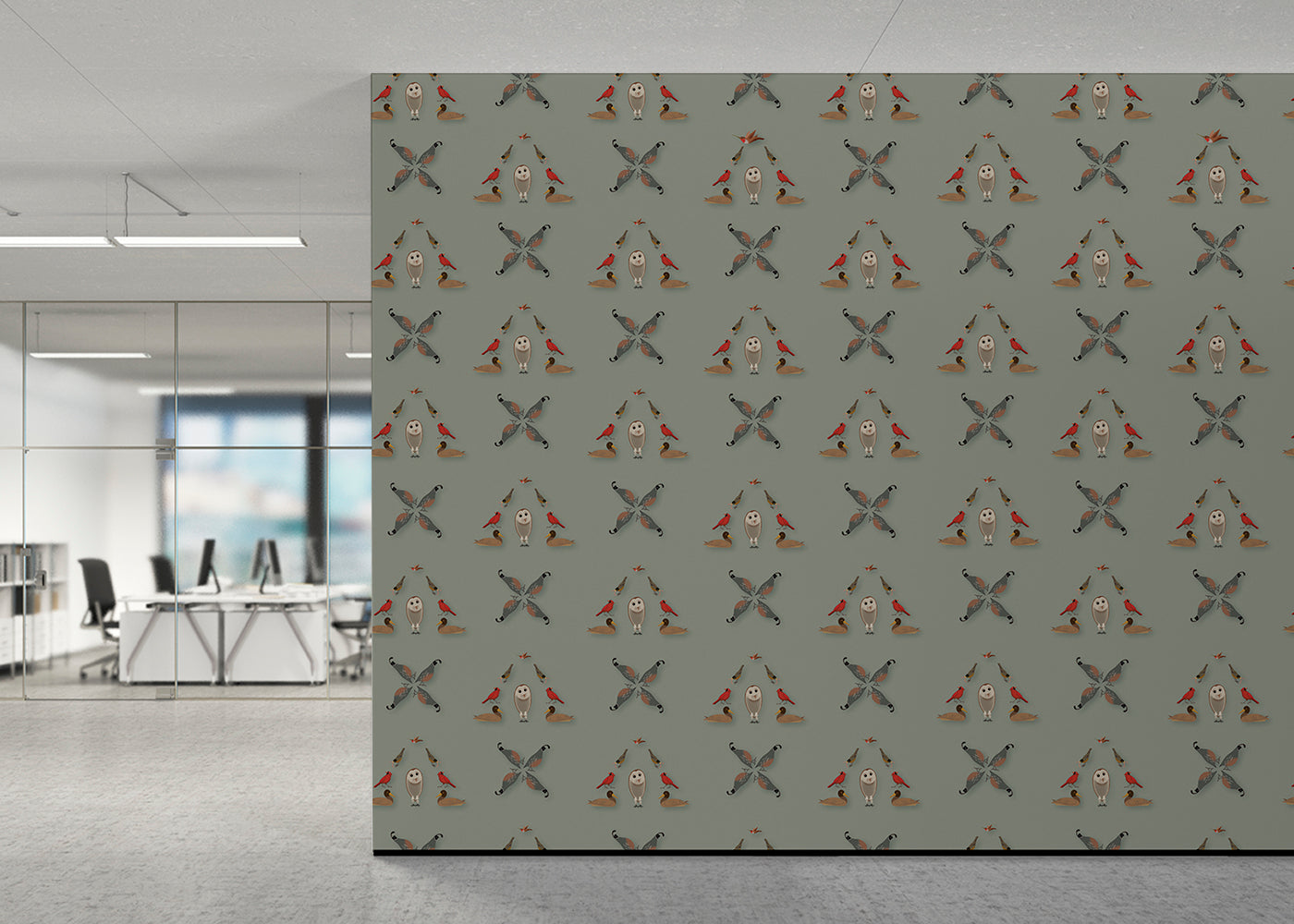 Six Birds Mural - Green Gray