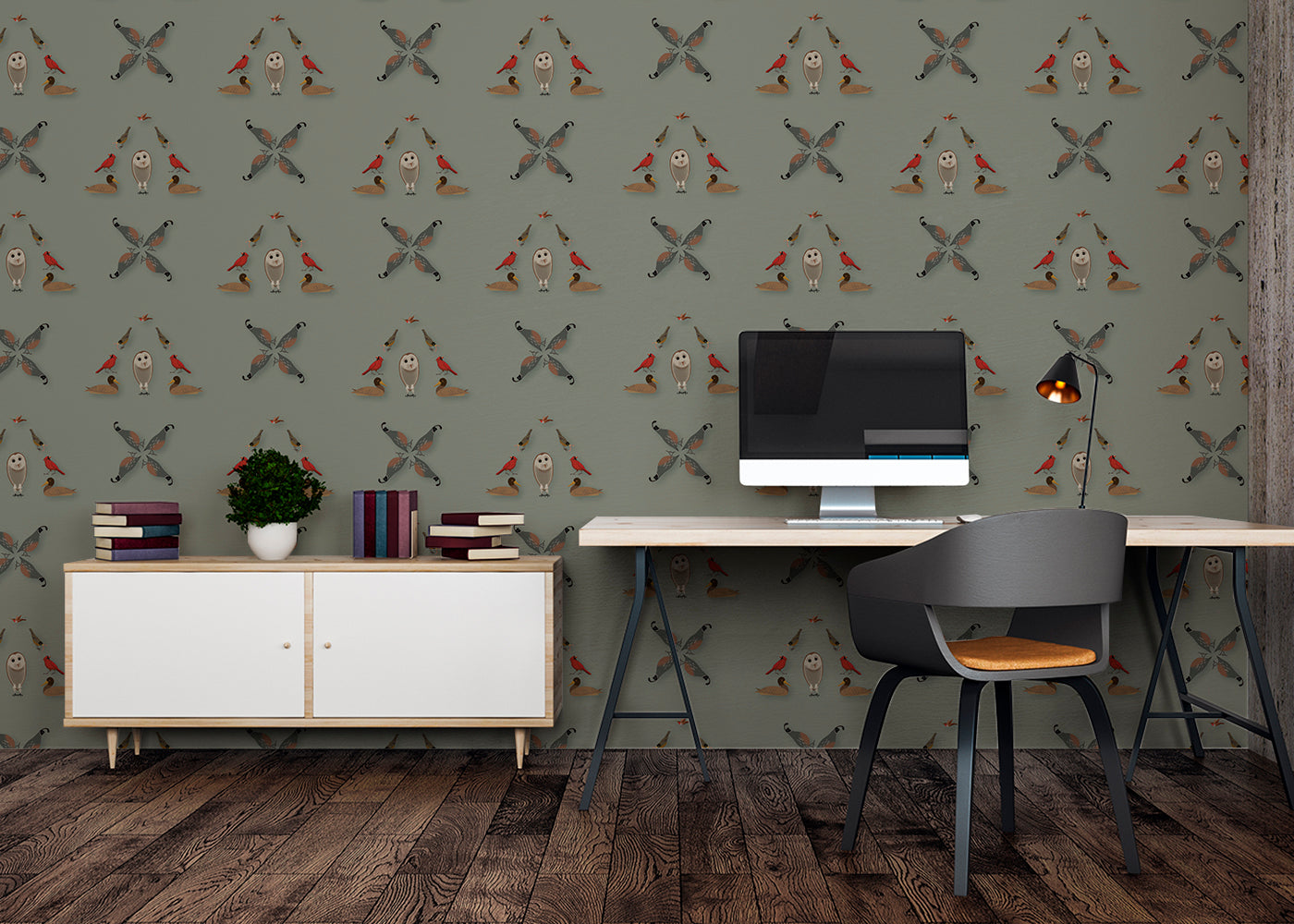 Six Birds Mural - Green Gray