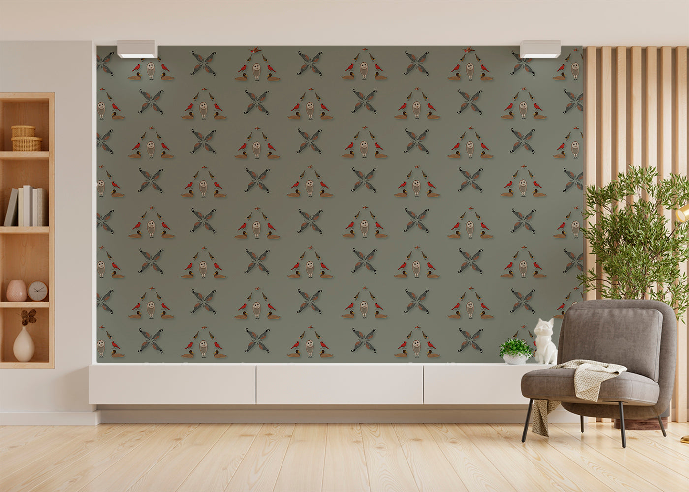 Six Birds Mural - Green Gray