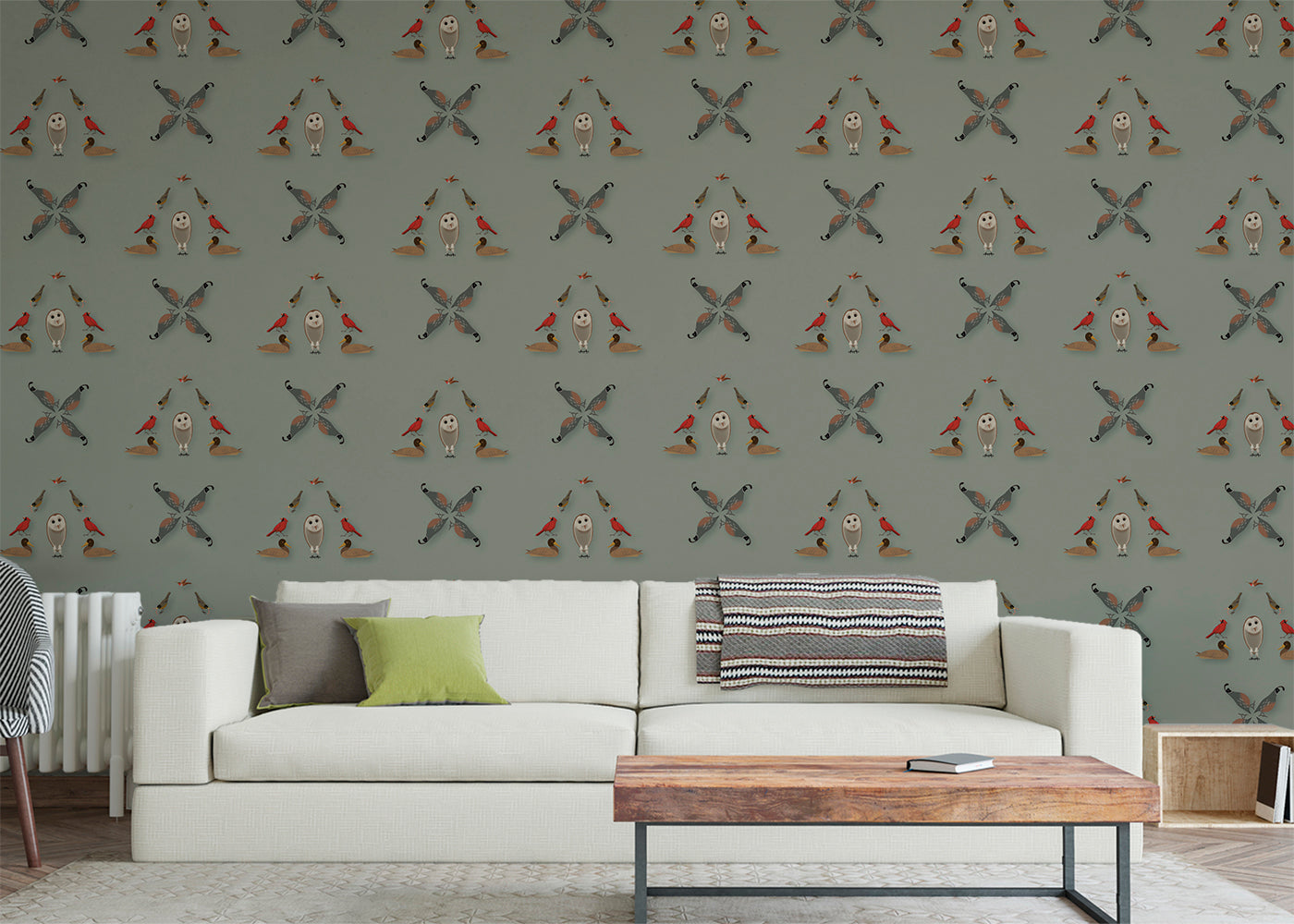 Six Birds Mural - Green Gray