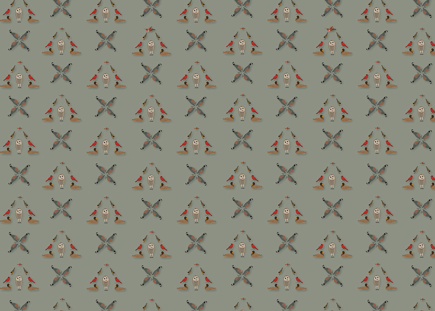 Six Birds Mural - Green Gray