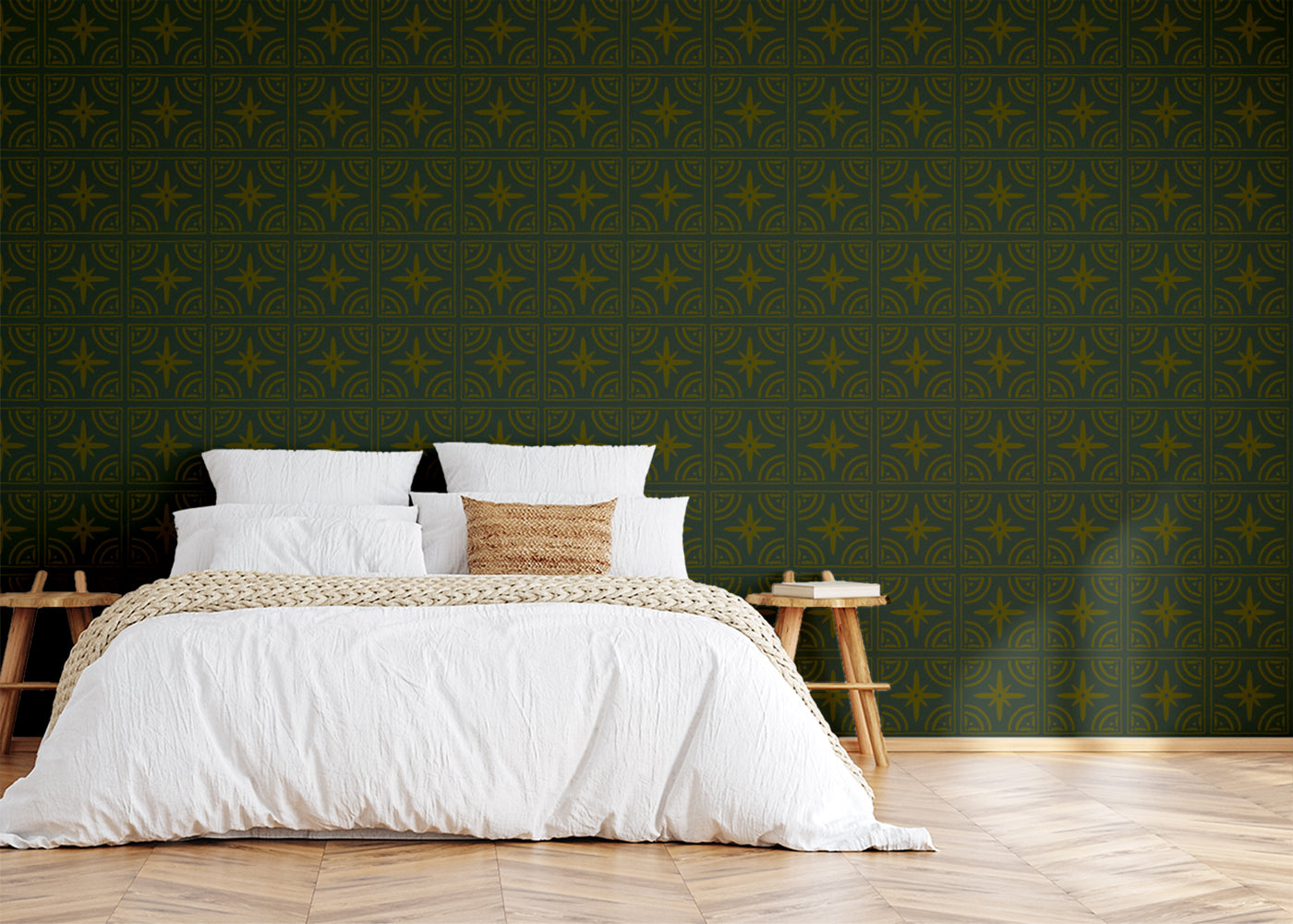 Crescent Whirls Tiles - Green and Gold