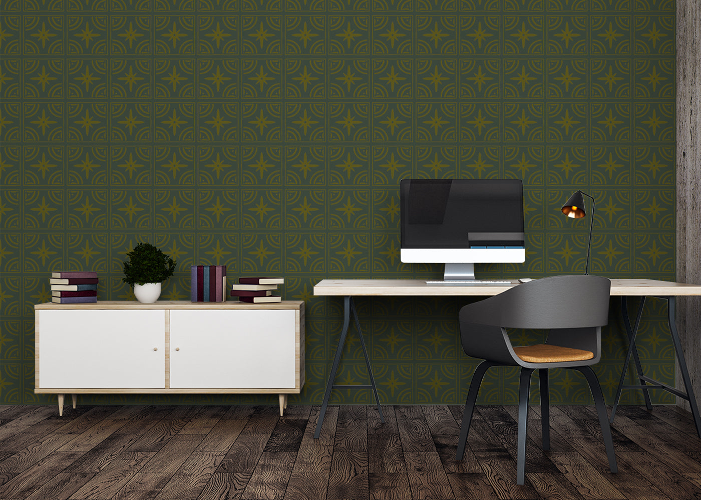 Crescent Whirls Tiles - Green and Gold