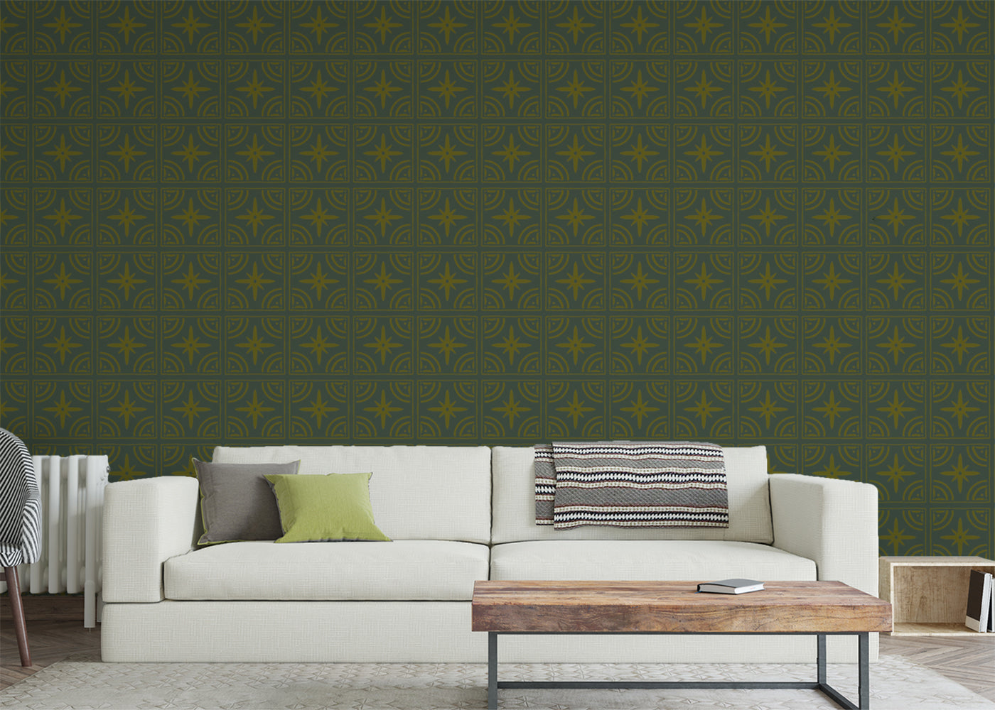 Crescent Whirls Tiles - Green and Gold