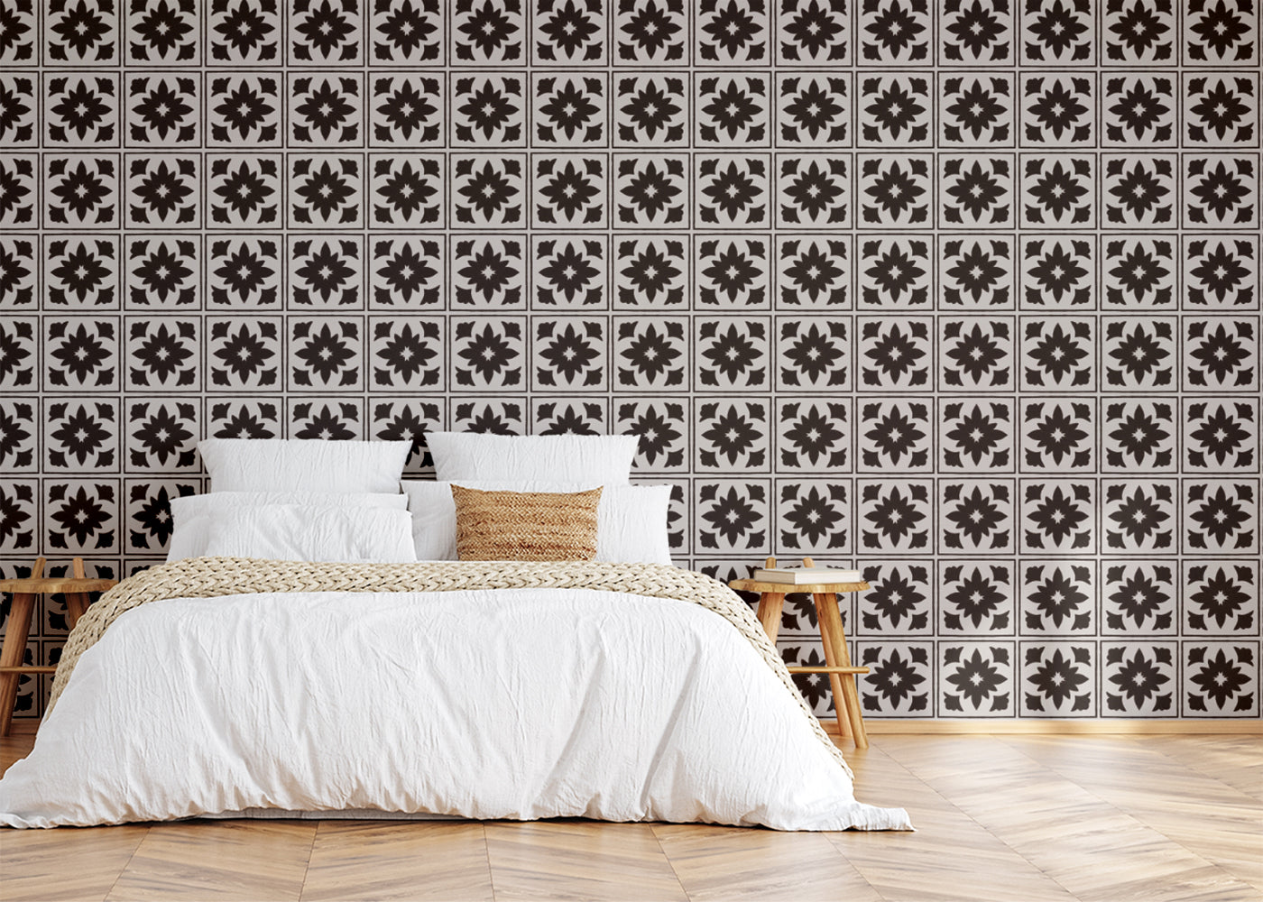 Floret Squares Tiles - Black and White