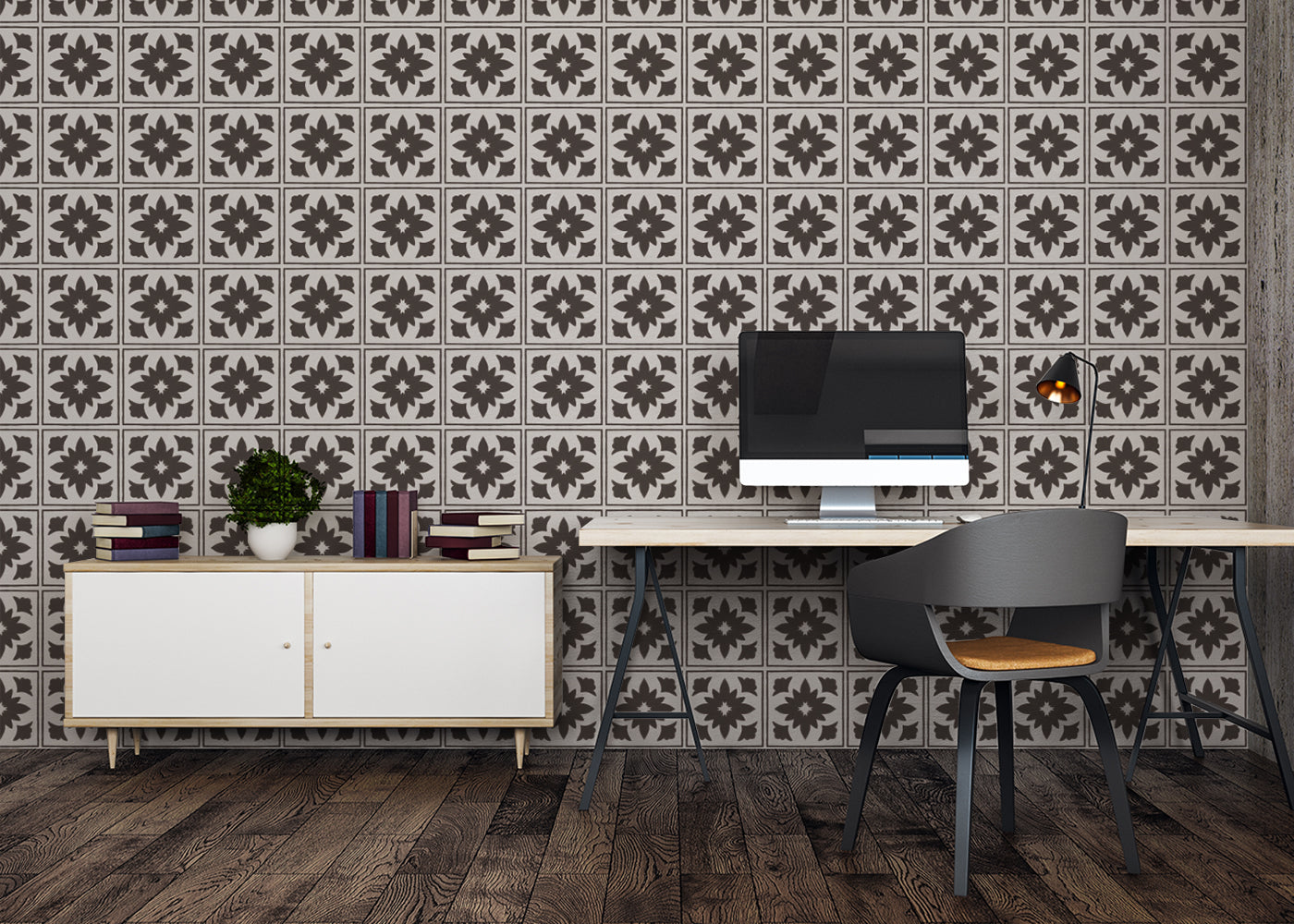 Floret Squares Tiles - Black and White