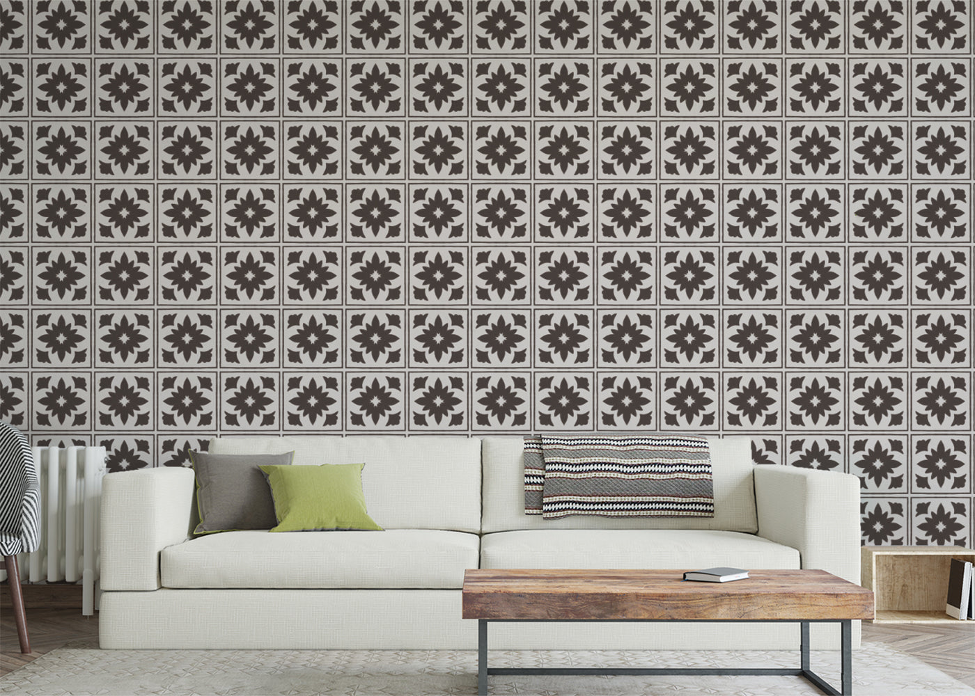 Floret Squares Tiles - Black and White