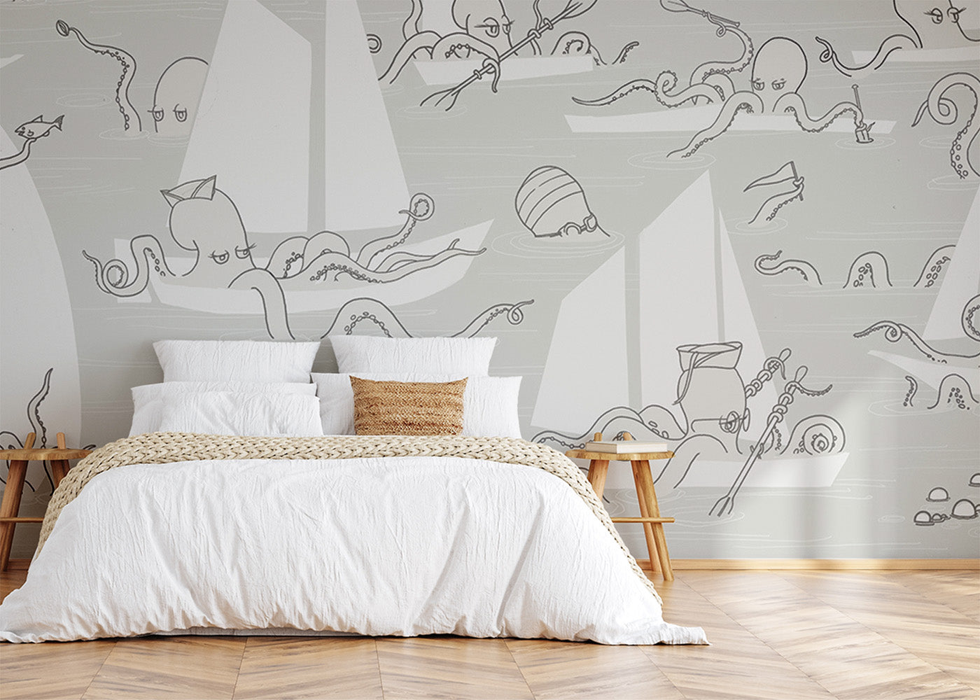 Octopus Flotilla Mural - Gray Cotton