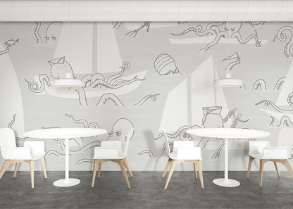 Octopus Flotilla Mural - Gray Cotton
