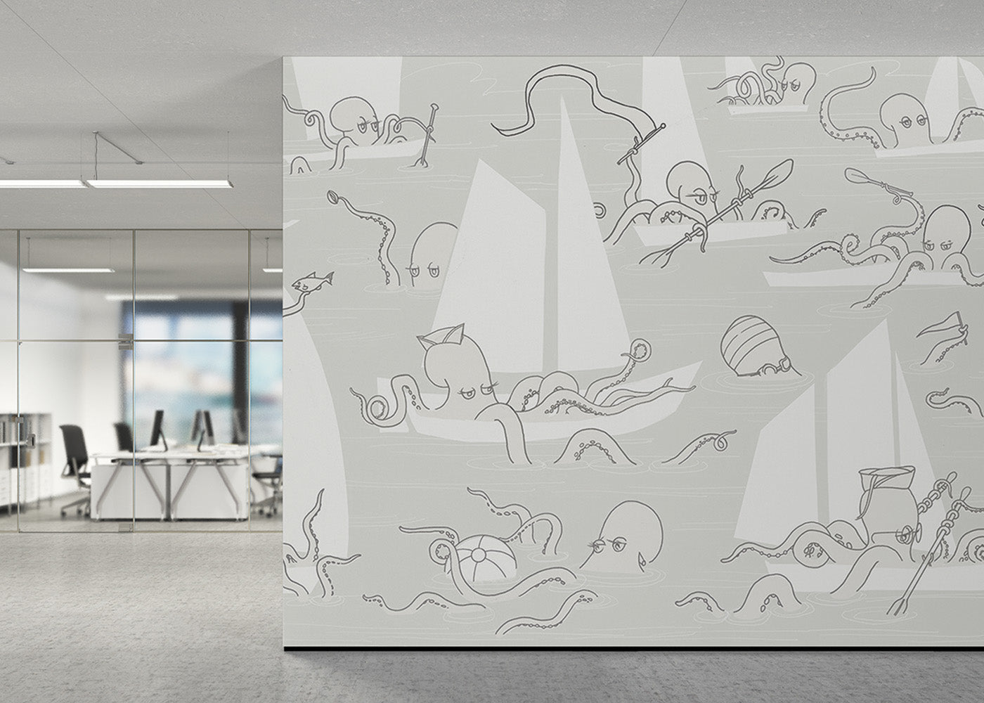 Octopus Flotilla Mural - Gray Cotton