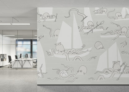 Octopus Flotilla Mural - Gray Cotton