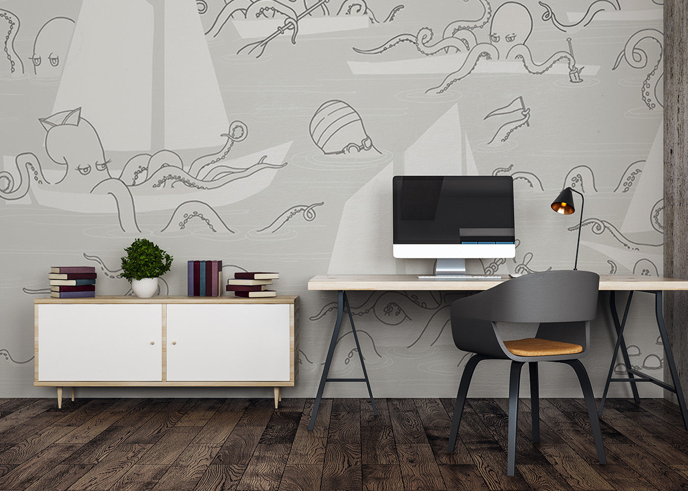Octopus Flotilla Mural - Gray Cotton
