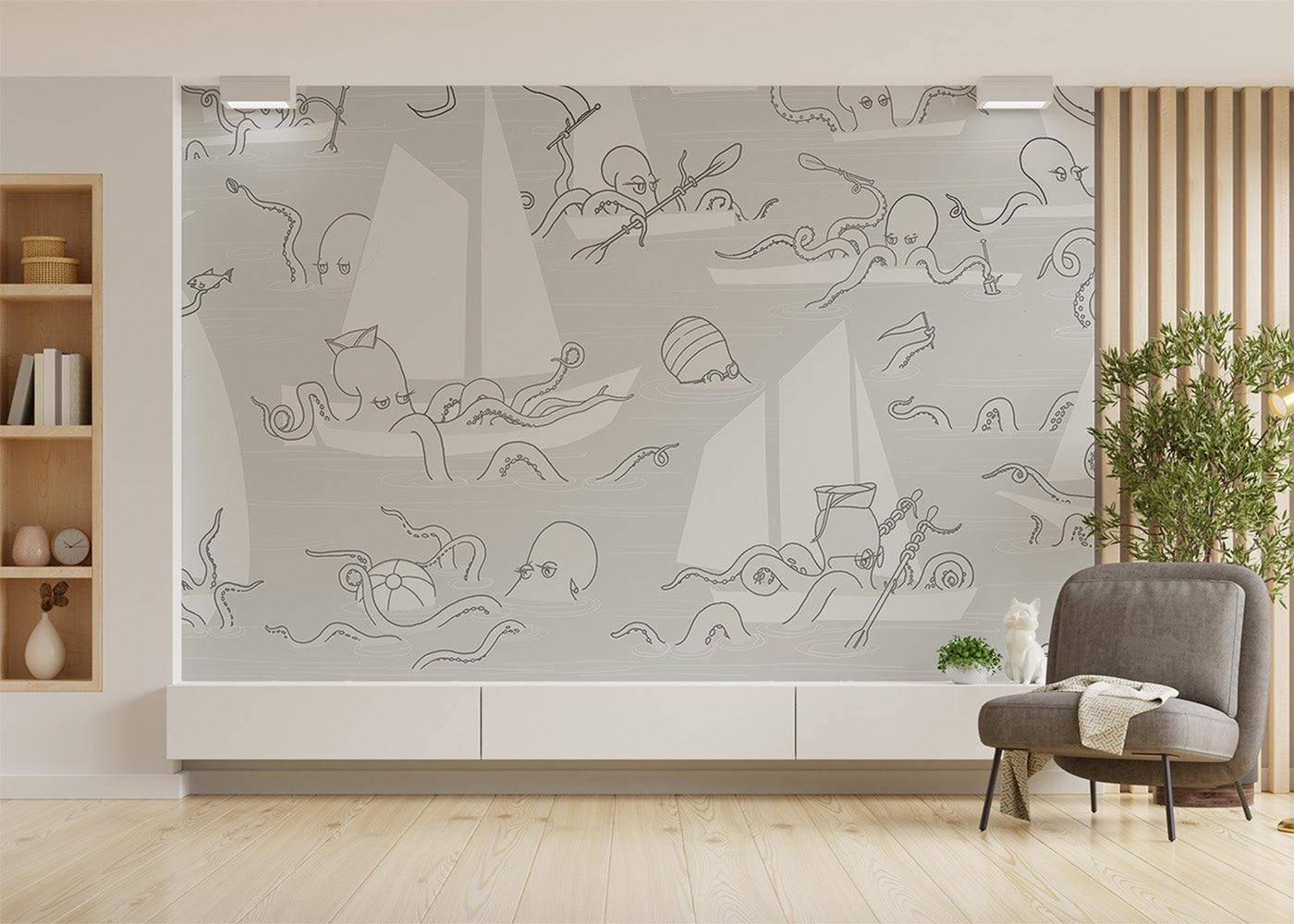 Octopus Flotilla Mural - Gray Cotton
