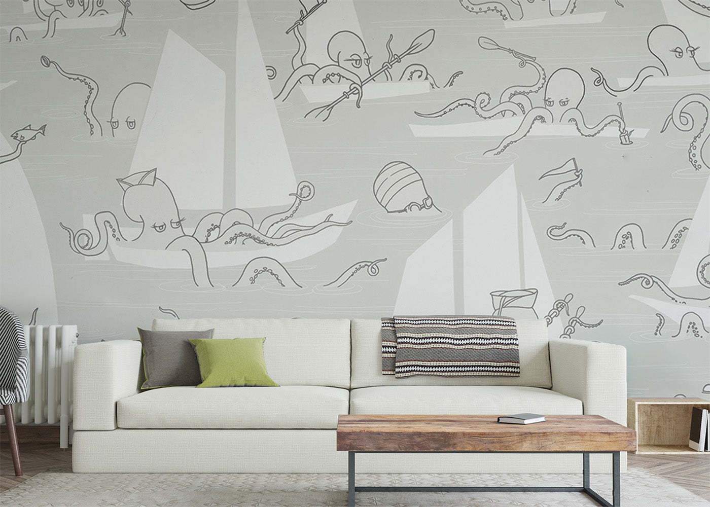 Octopus Flotilla Mural - Gray Cotton