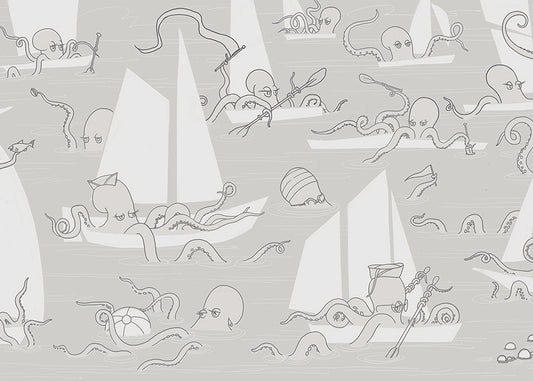 Octopus Flotilla Mural - Gray Cotton