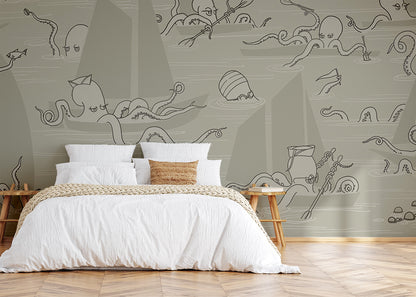 Octopus Flotilla Mural - Taupe