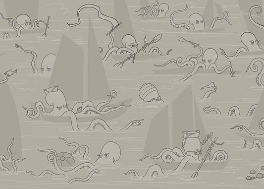 Octopus Flotilla Mural - Taupe - Sample