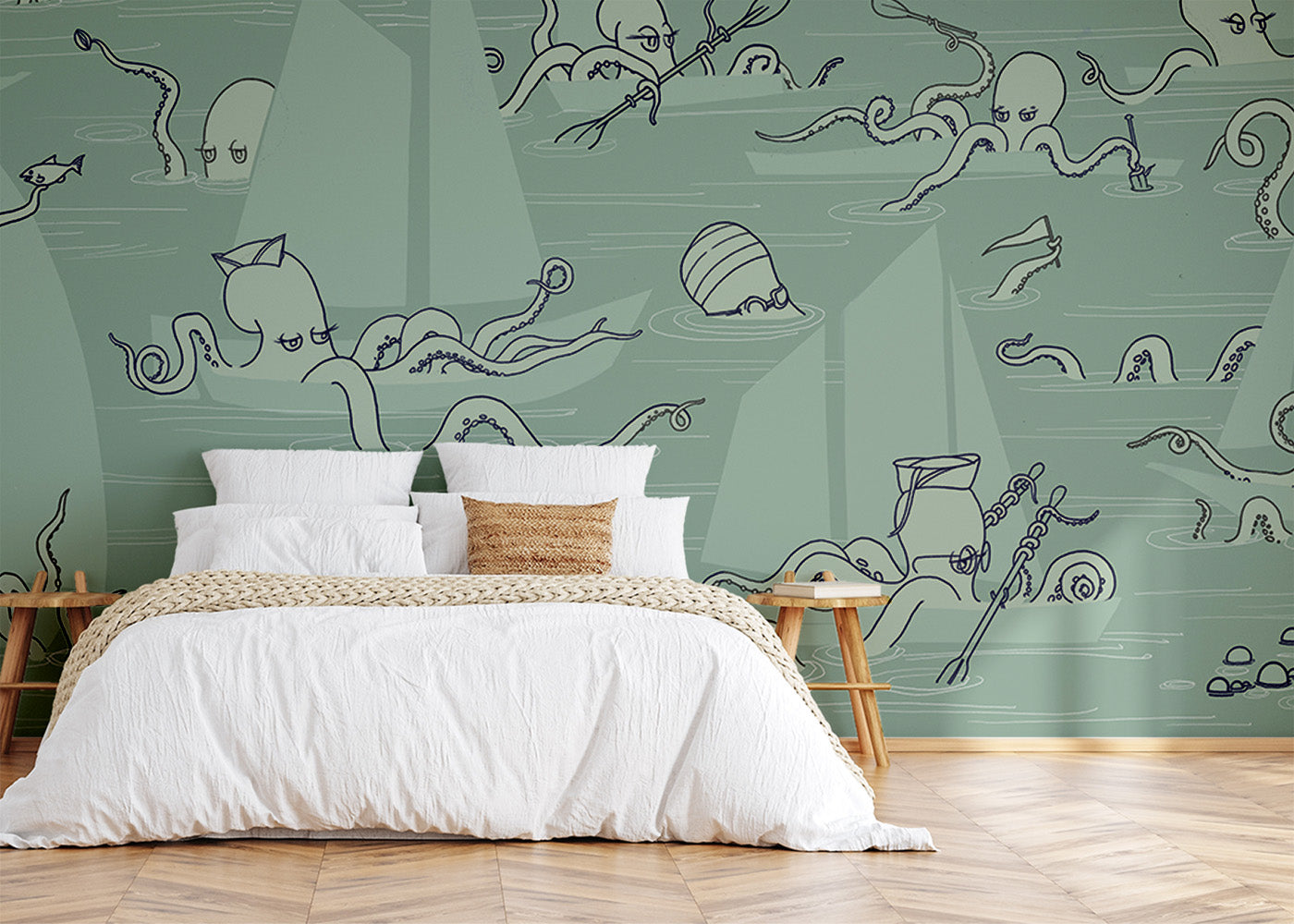 Octopus Flotilla Mural - Muted Blue-Green