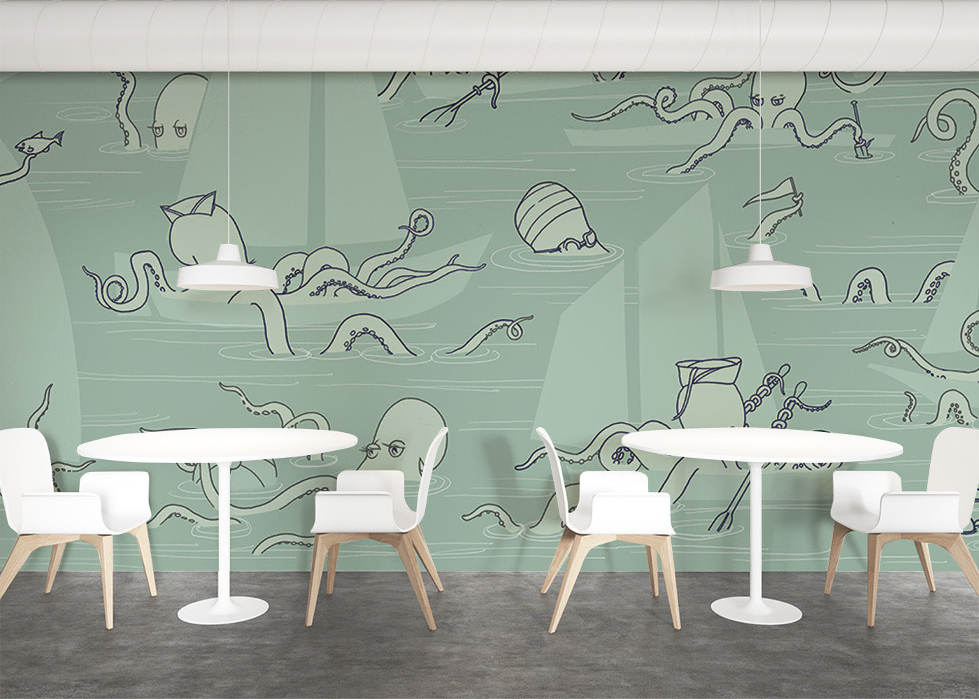 Octopus Flotilla Mural - Muted Blue-Green