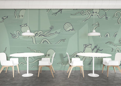 Octopus Flotilla Mural - Muted Blue-Green