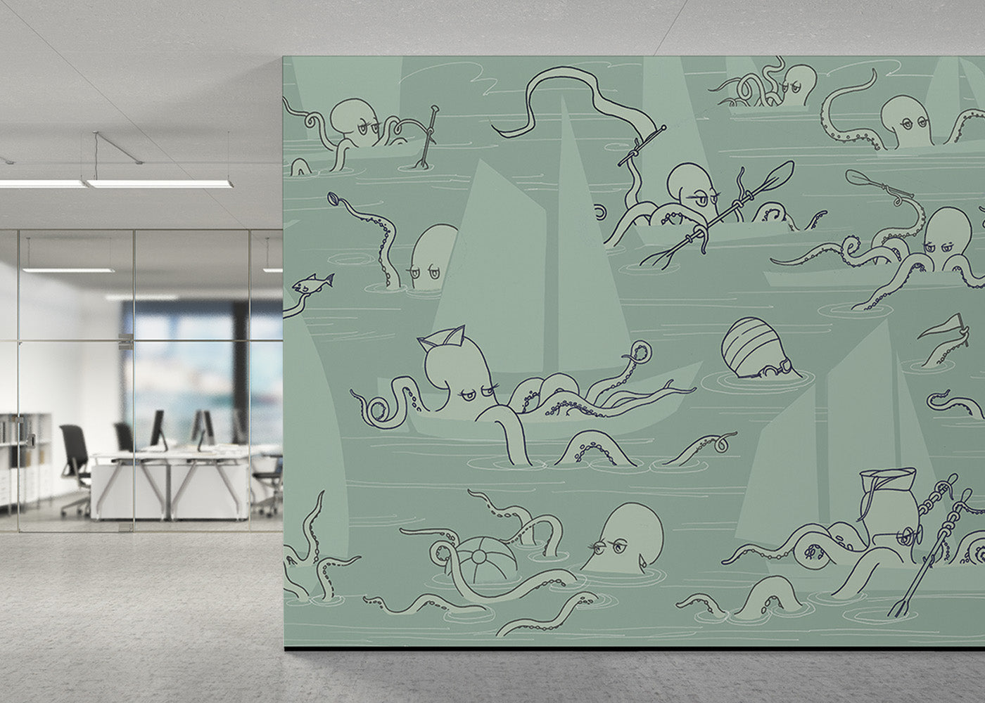 Octopus Flotilla Mural - Muted Blue-Green