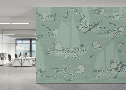 Octopus Flotilla Mural - Muted Blue-Green
