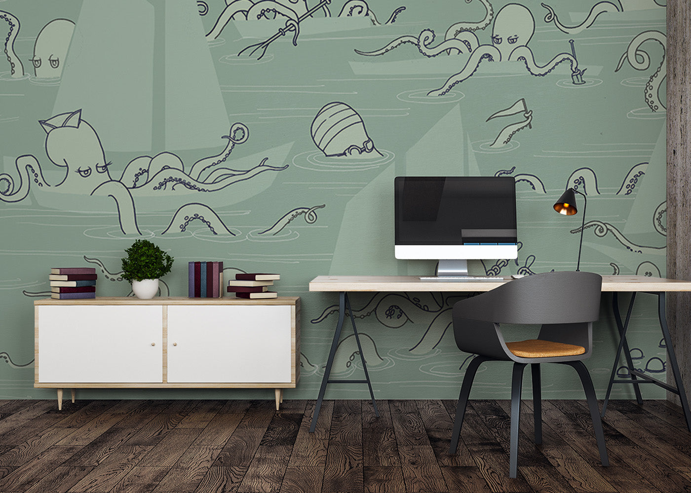 Octopus Flotilla Mural - Muted Blue-Green