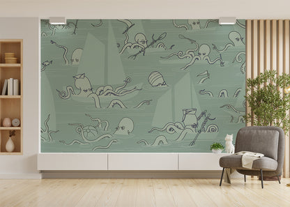 Octopus Flotilla Mural - Muted Blue-Green